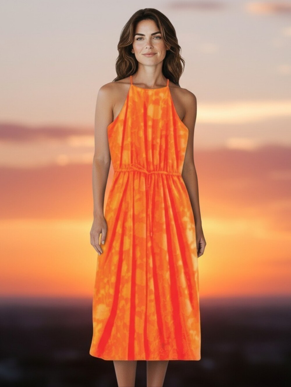 a.n.a. Floral Appliqué Chiffon Midi Dress Coral Skinny Straps Waist Tie Lined M